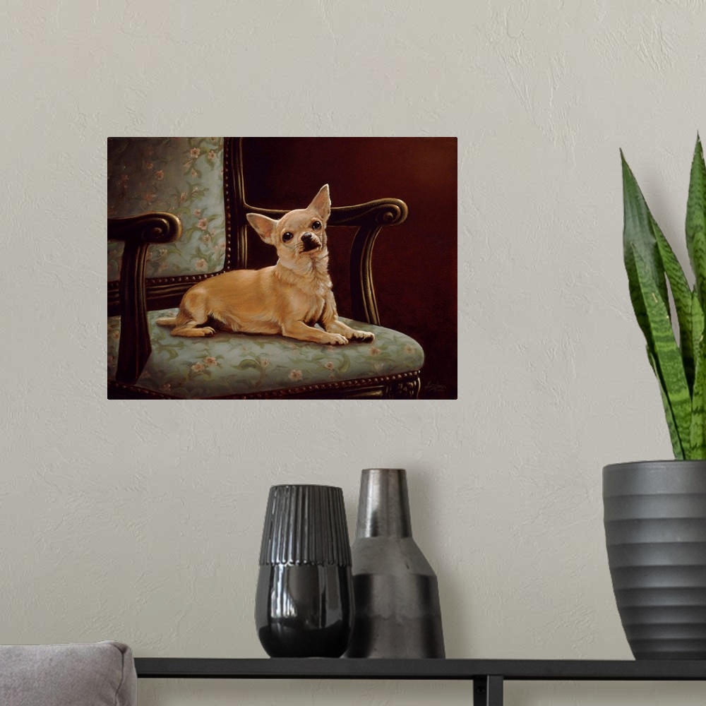 A modern room featuring Contemporary painting of a dog sitting on a chair.