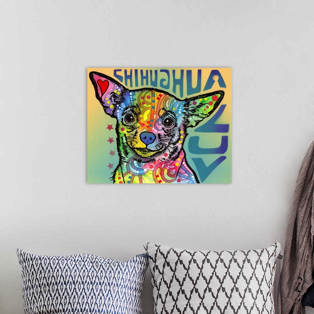 A bohemian room featuring "Chihuahua Luv" written around a colorful painting of a Chihuahua with abstract markings.