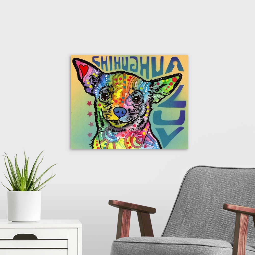 A modern room featuring "Chihuahua Luv" written around a colorful painting of a Chihuahua with abstract markings.