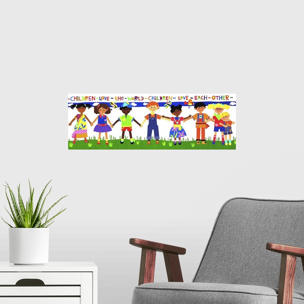 A modern room featuring Illustration of several children of different ethnicities holding hands.