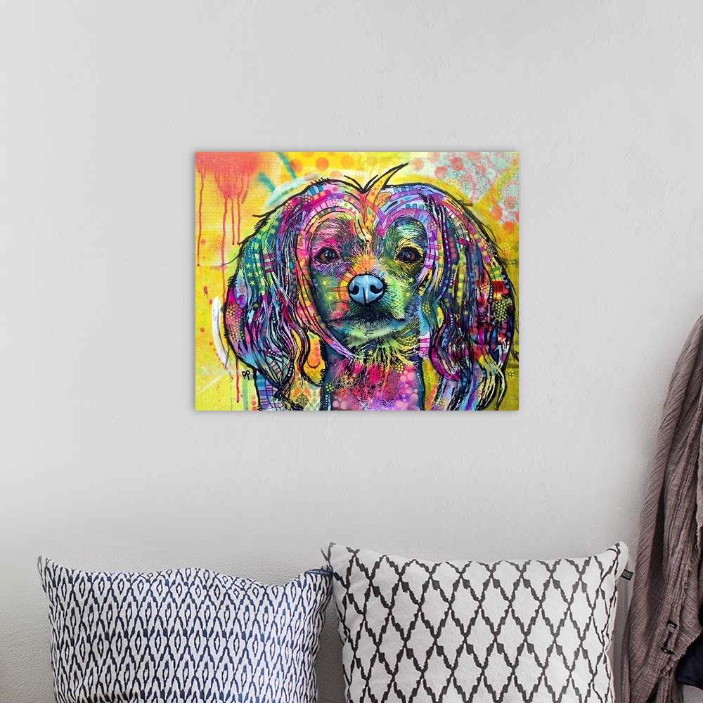 A bohemian room featuring Chinese Crested