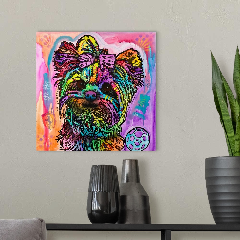 A modern room featuring Colorful painting of a Silky Terrier puppy wearing a Chanel bow on a vibrant background.