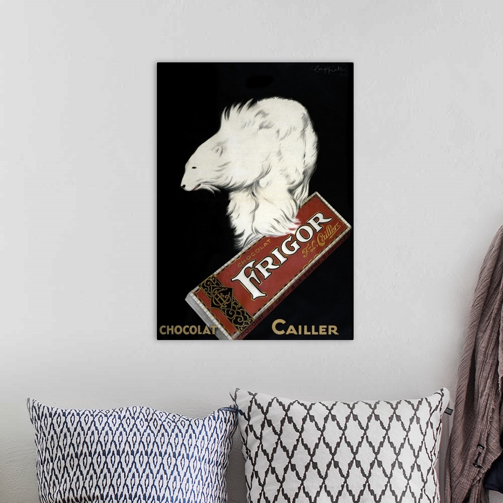 A bohemian room featuring Vintage advertisement artwork for Chocolat Cailler.