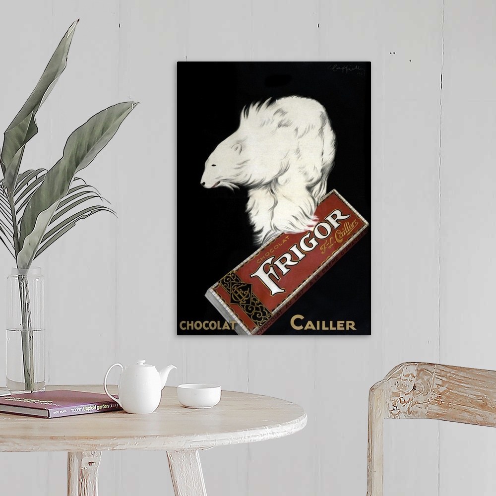 A farmhouse room featuring Vintage advertisement artwork for Chocolat Cailler.