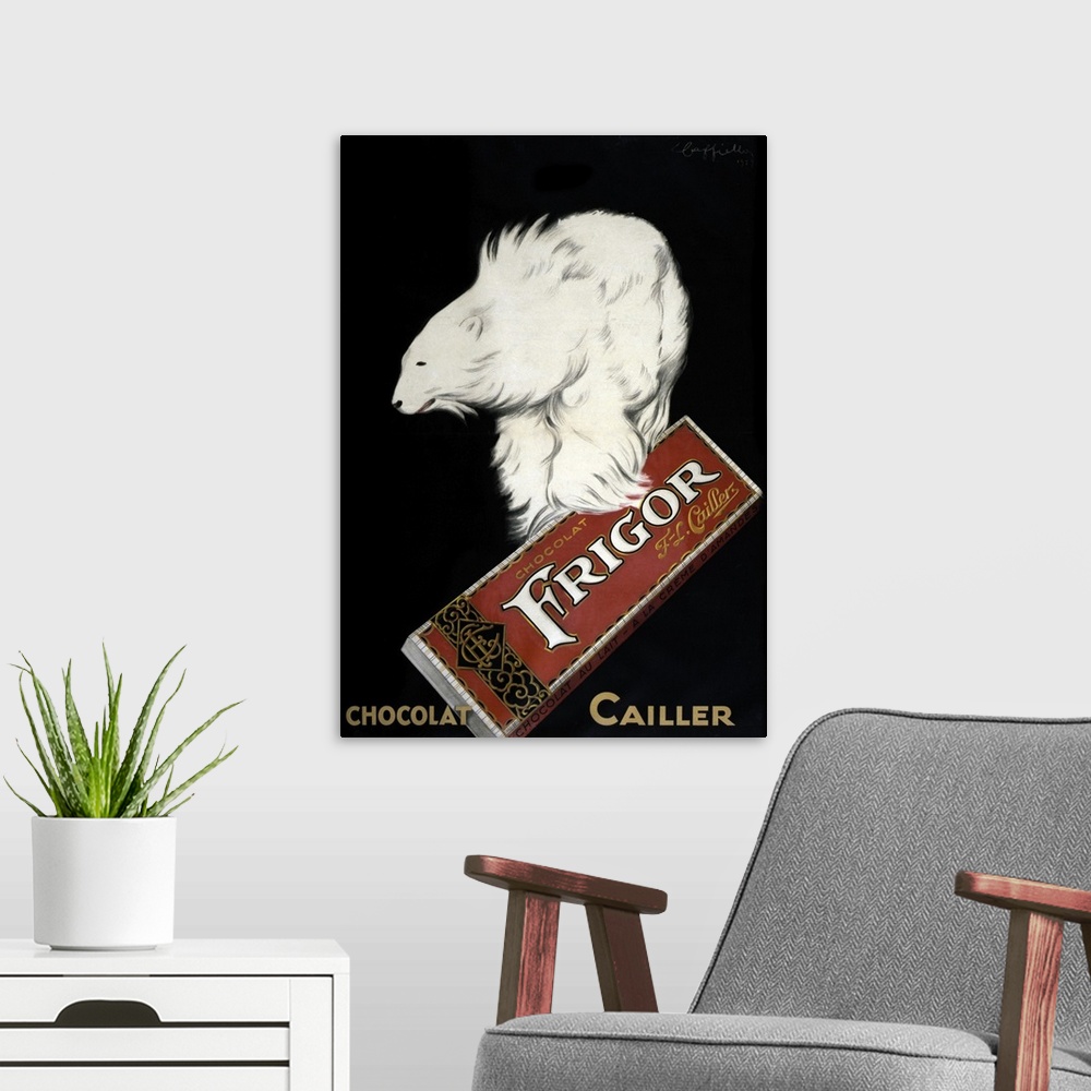 A modern room featuring Vintage advertisement artwork for Chocolat Cailler.