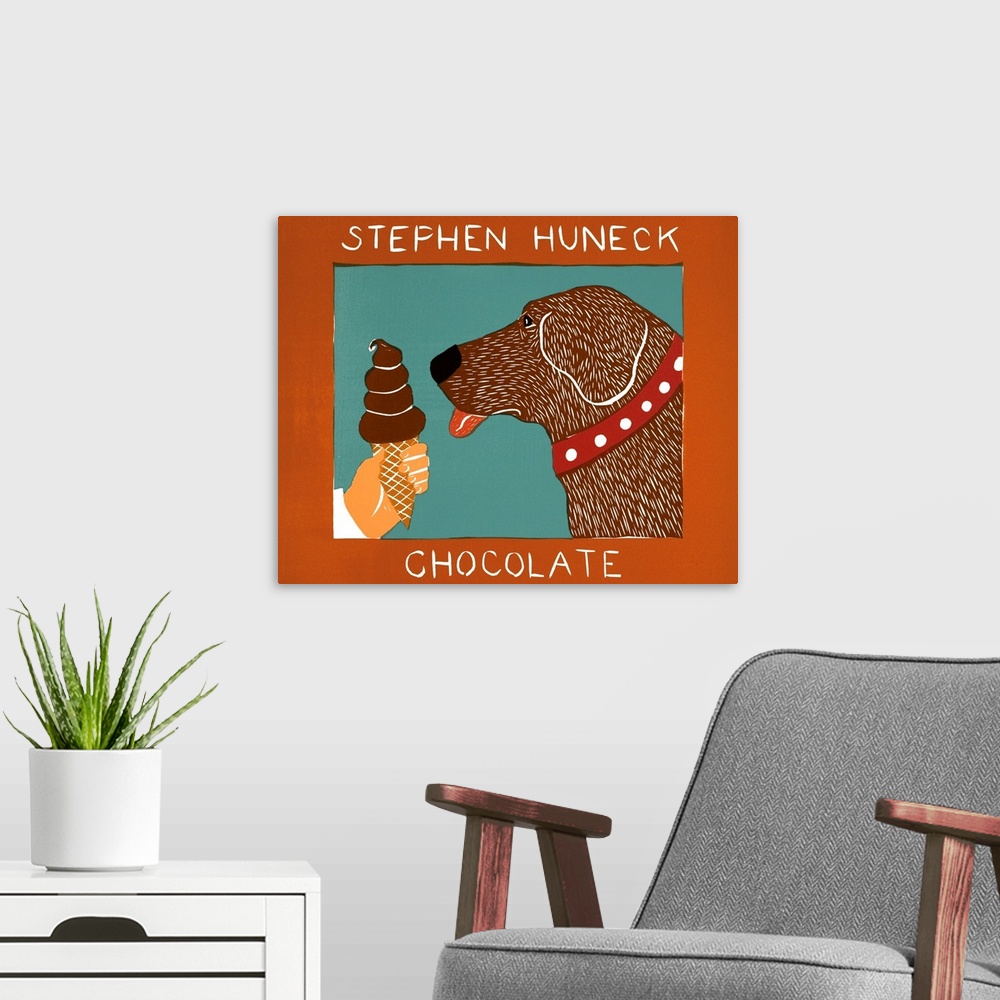 A modern room featuring Illustration of a chocolate lab about to lick a chocolate ice cream cone with the word "Chocolate...