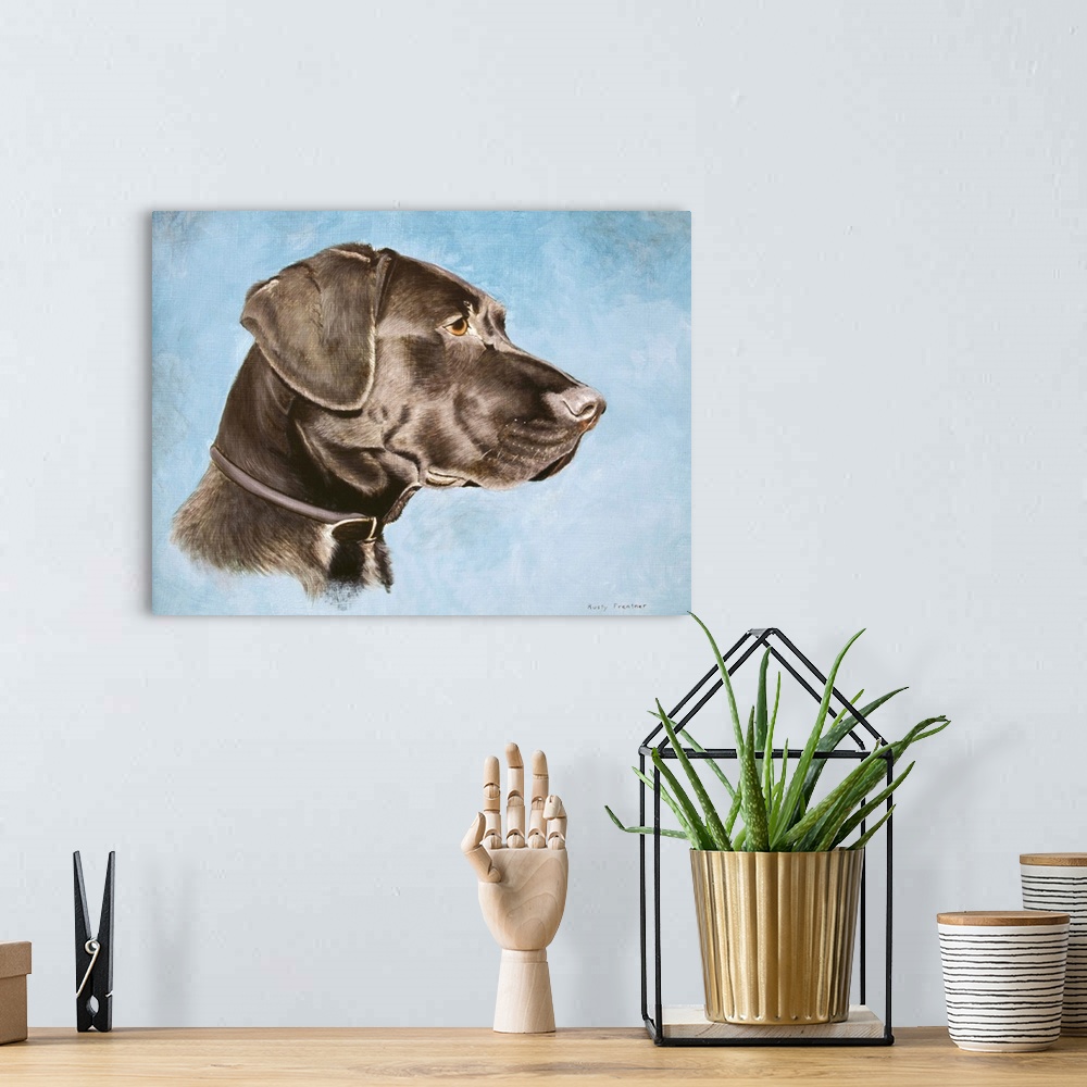 A bohemian room featuring Profile of a black lab on a blue background with collar.