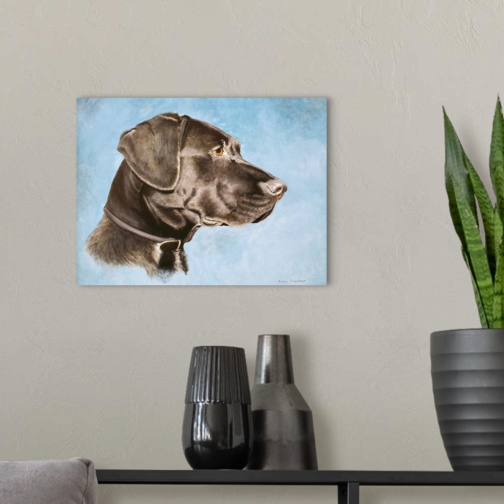 A modern room featuring Profile of a black lab on a blue background with collar.