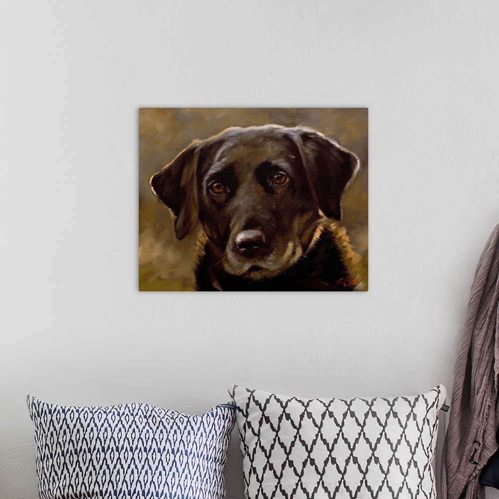 A bohemian room featuring Contemporary painting of a Labrador retriever.