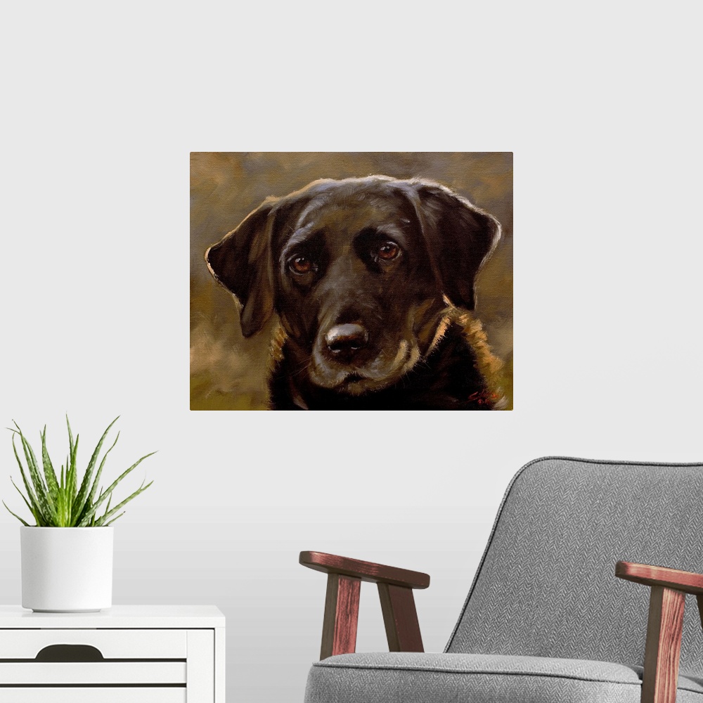 A modern room featuring Contemporary painting of a Labrador retriever.