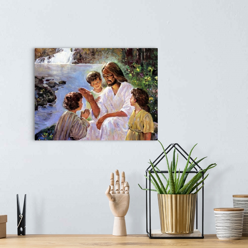 A bohemian room featuring Jesus is pictured, blessing and teaching a group of children.