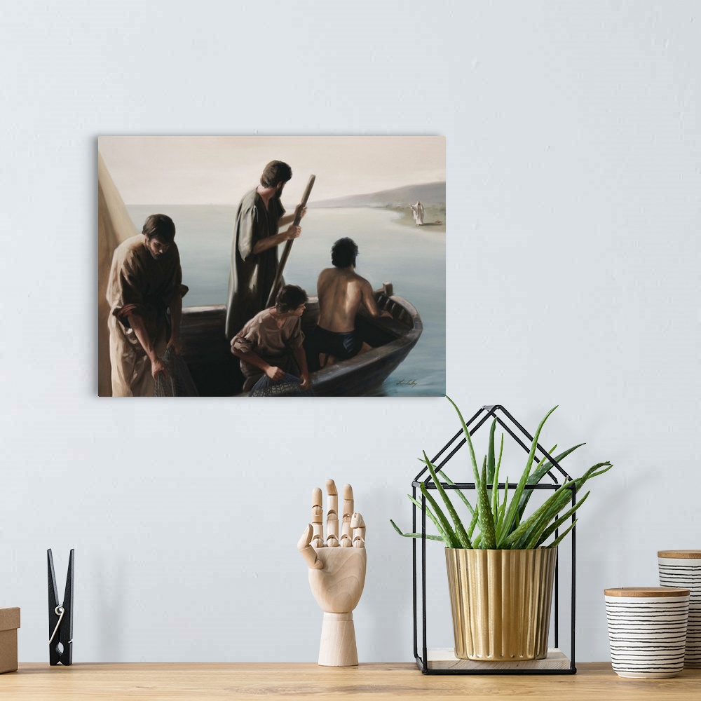 A bohemian room featuring Jesus waving from the beach to men in a boat
