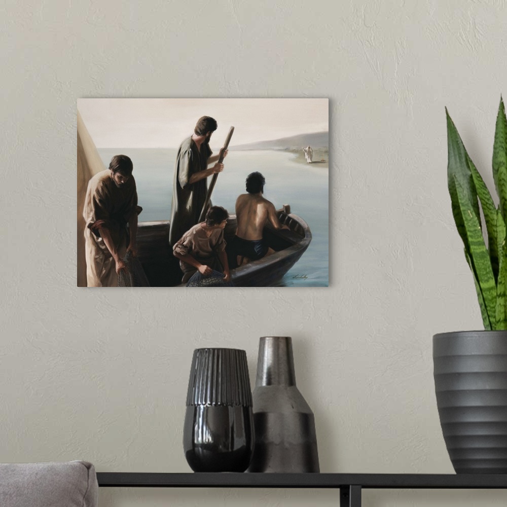 A modern room featuring Jesus waving from the beach to men in a boat