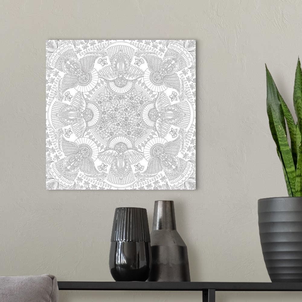 A modern room featuring Black and white line art of a mandala made out of intricately designed Christmas Angels and flowers.