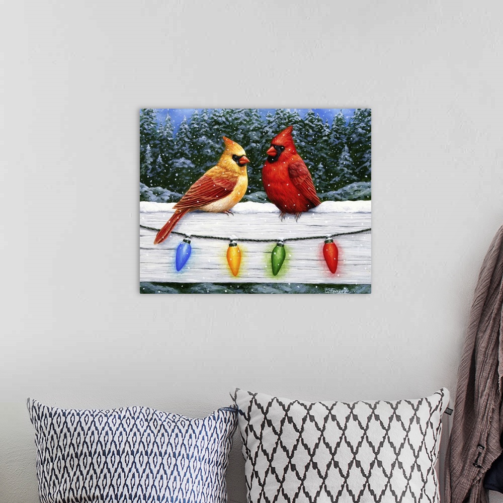 A bohemian room featuring A pair of cardinals on a fence with Christmas lights.