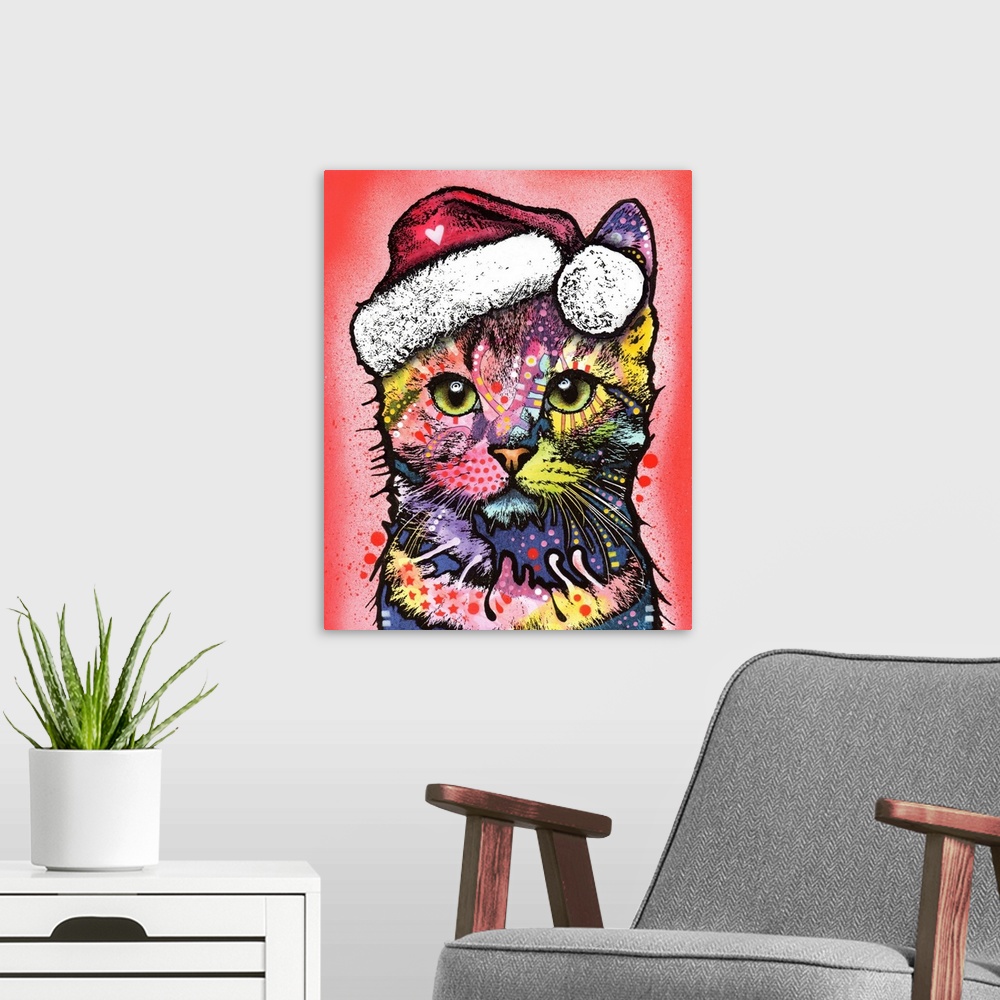 A modern room featuring Cute painting of a colorful kitten wearing Santa's hat on a red spray painted background.