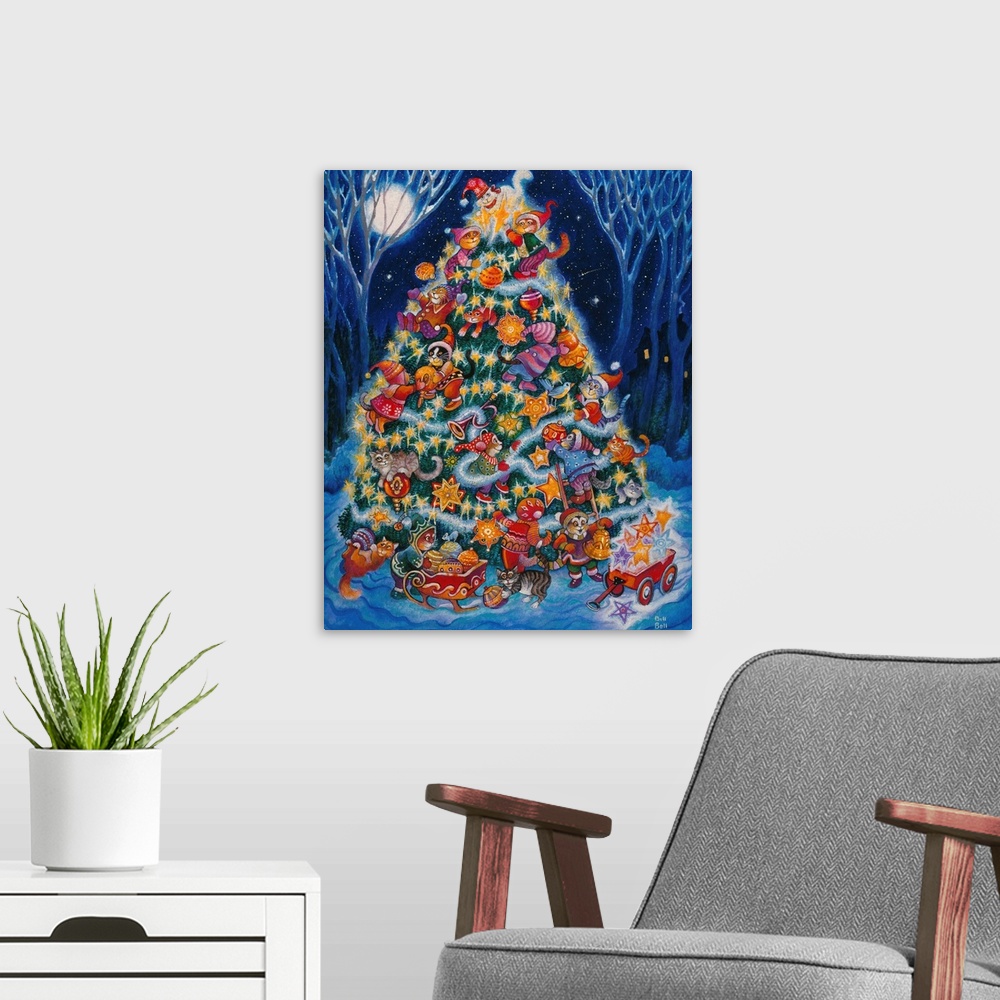 A modern room featuring Cats around a fully decorated Christmas tree in the woods