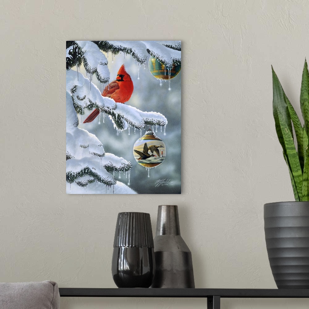 A modern room featuring A male cardinal sitting on a snow covered branch with a christmas ball, ornament hanging from the...