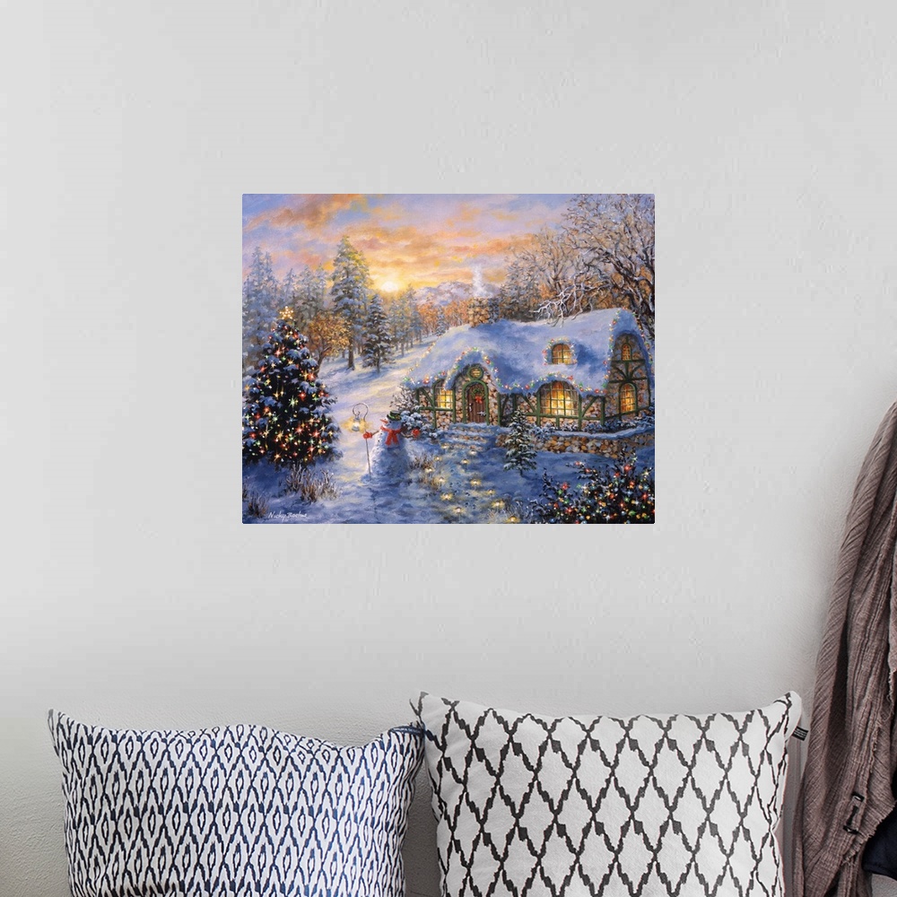 A bohemian room featuring Painting of village scene featuring a large Christmas tree. Product is a painting reproduction on...
