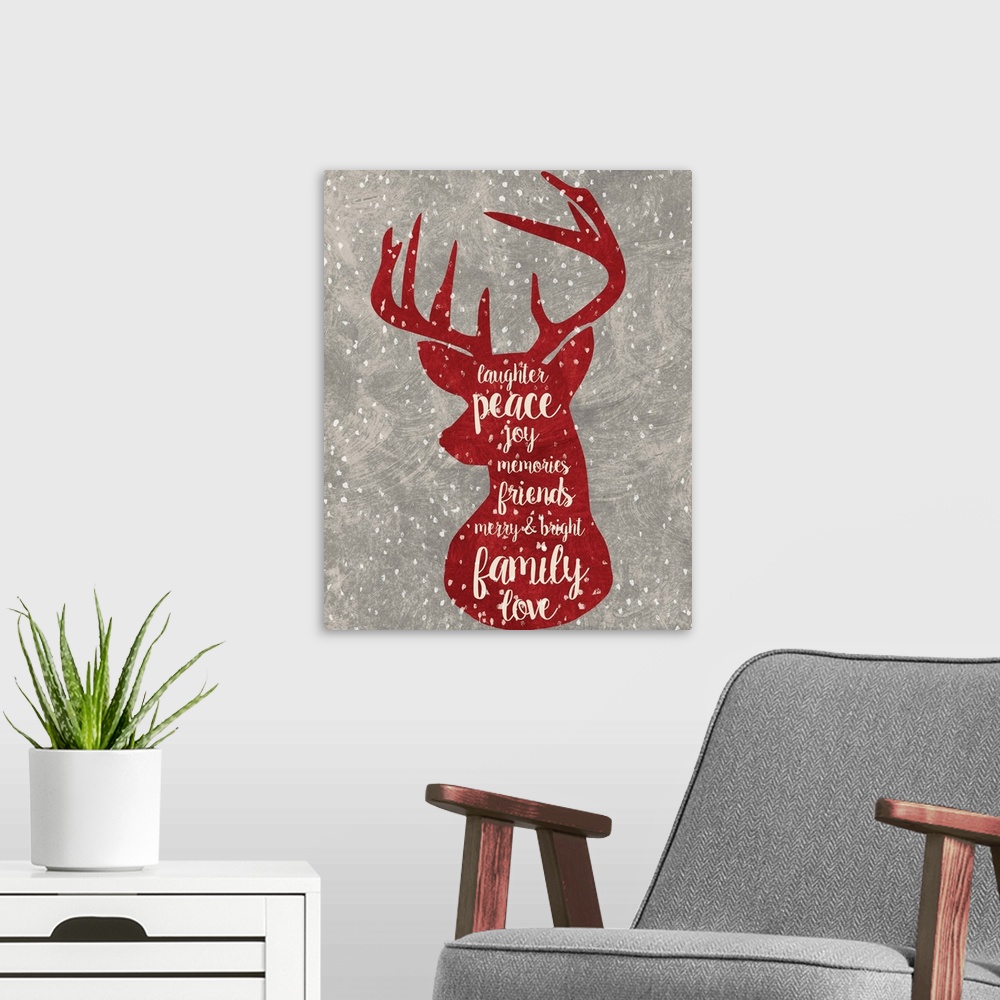 A modern room featuring Red reindeer outline with Christmas-themed words handwritten inside.