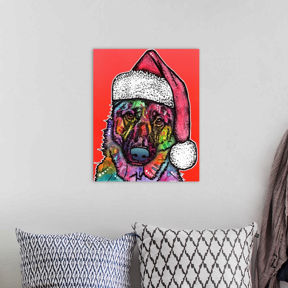 A bohemian room featuring Cute painting of a big dog wearing a Santa hat on a red background,