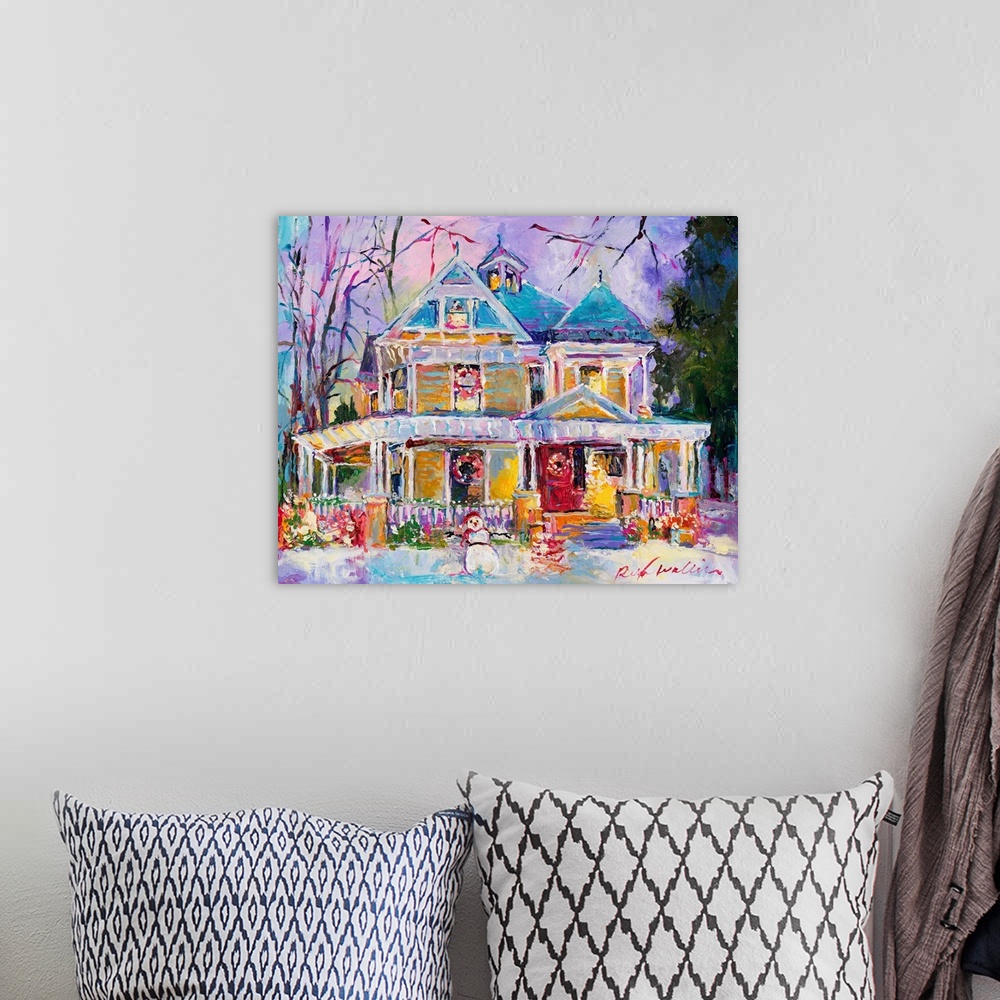 A bohemian room featuring Colorful abstract painting of a snow covered house decorated for Christmas with a snowman in the ...