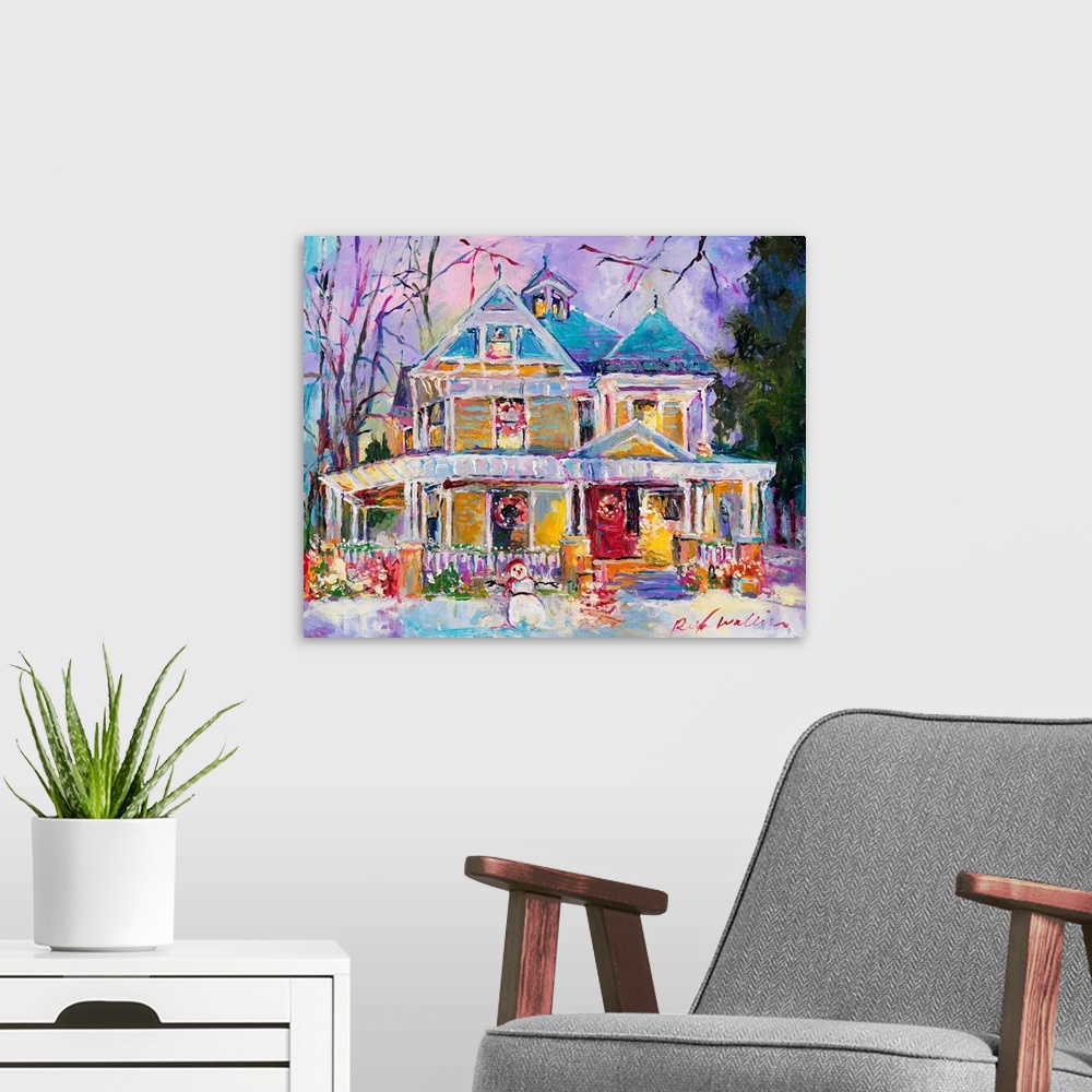 A modern room featuring Colorful abstract painting of a snow covered house decorated for Christmas with a snowman in the ...