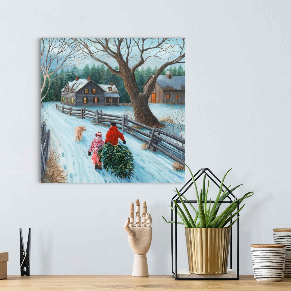 A bohemian room featuring Contemporary artwork of children dragging home a christmas tree.