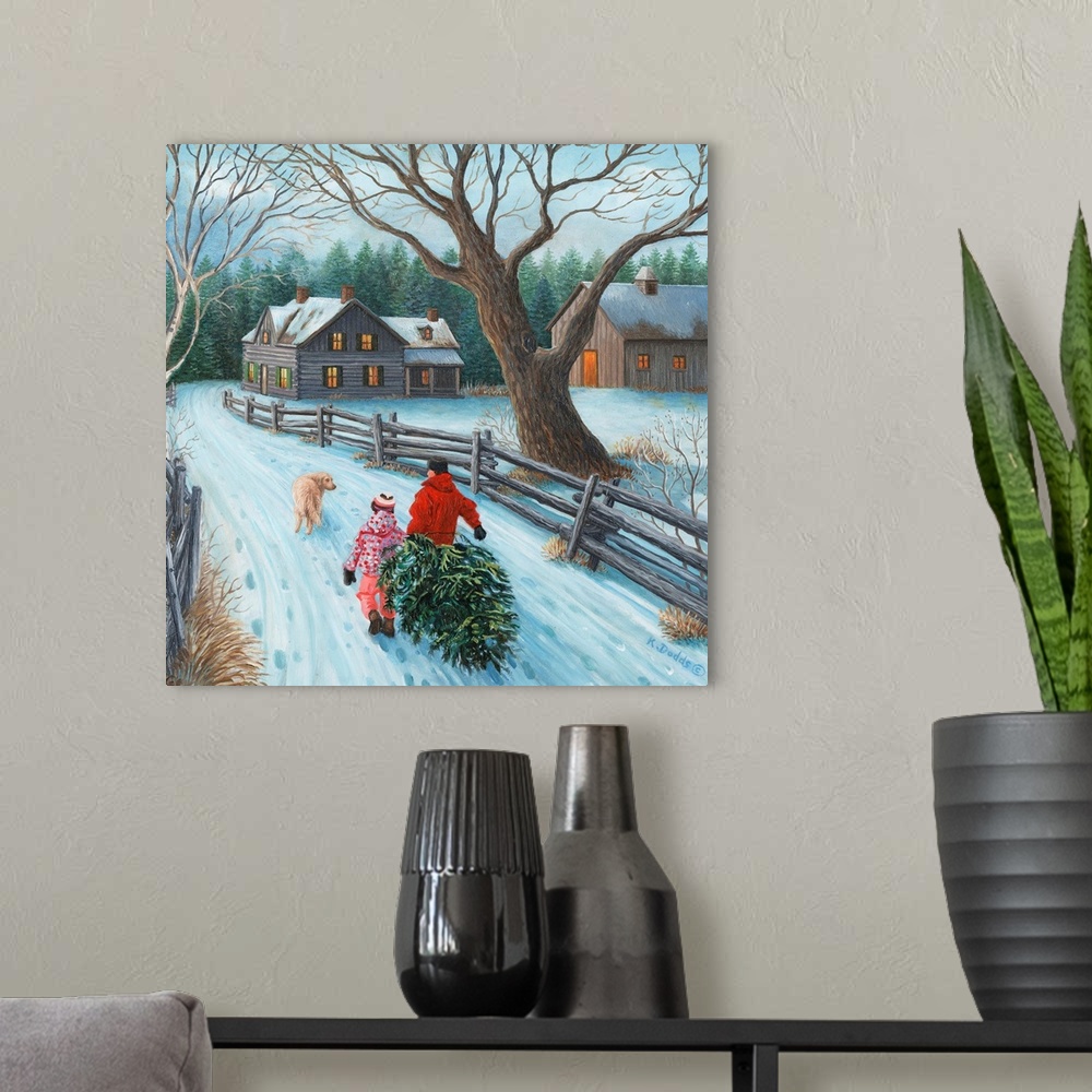 A modern room featuring Contemporary artwork of children dragging home a christmas tree.