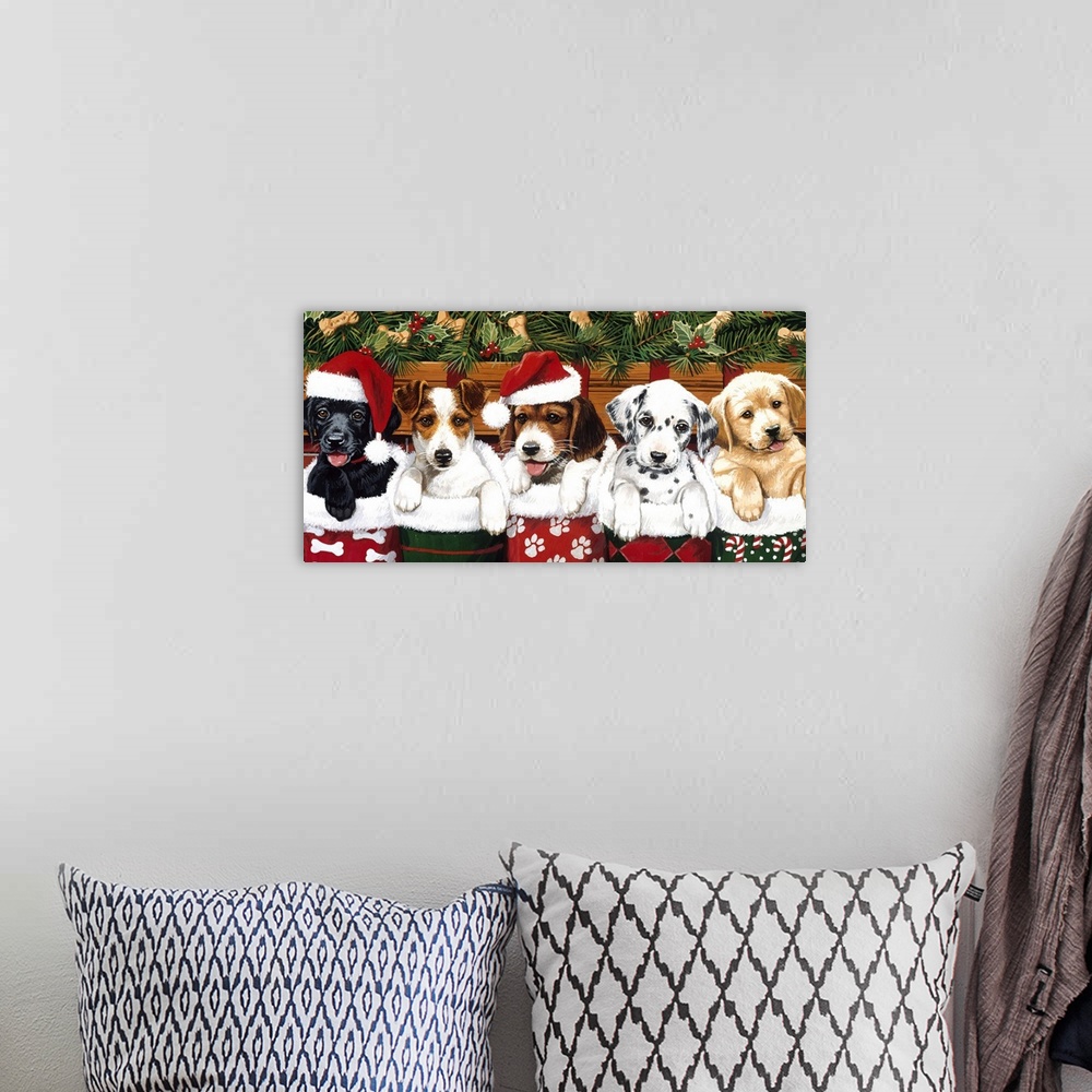 A bohemian room featuring Christmas Puppies