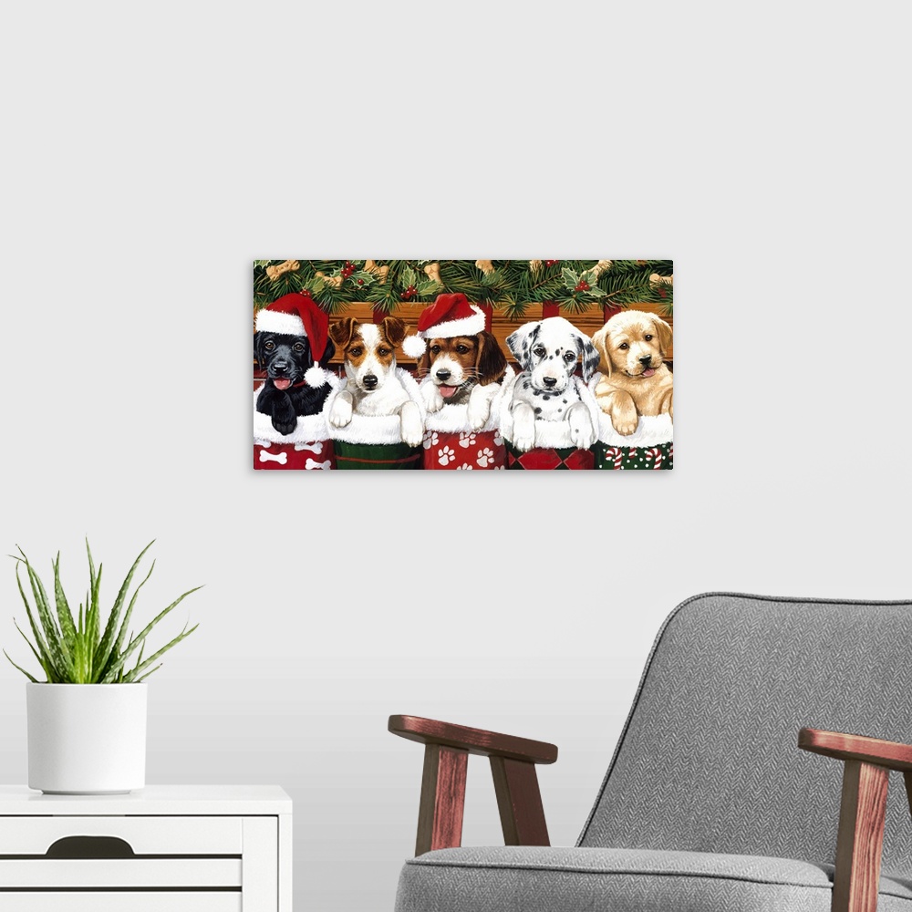 A modern room featuring Christmas Puppies