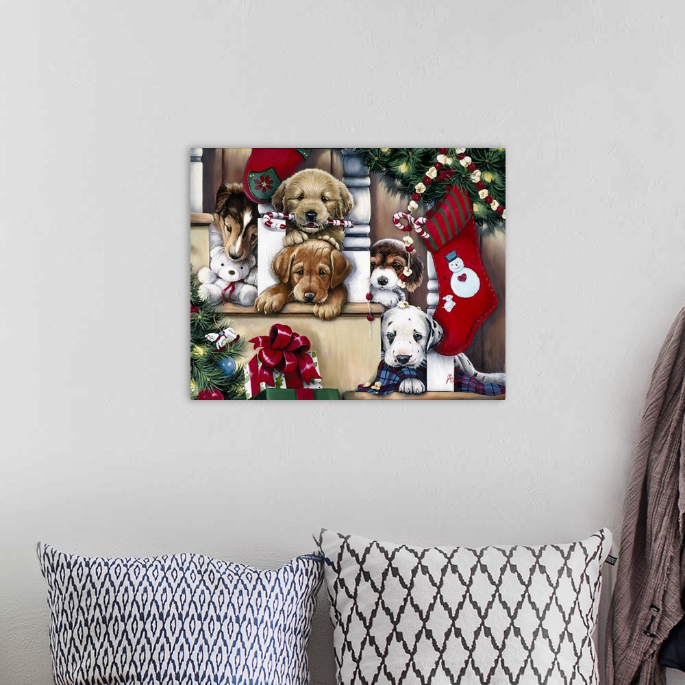 A bohemian room featuring Christmas Puppies On The Loose