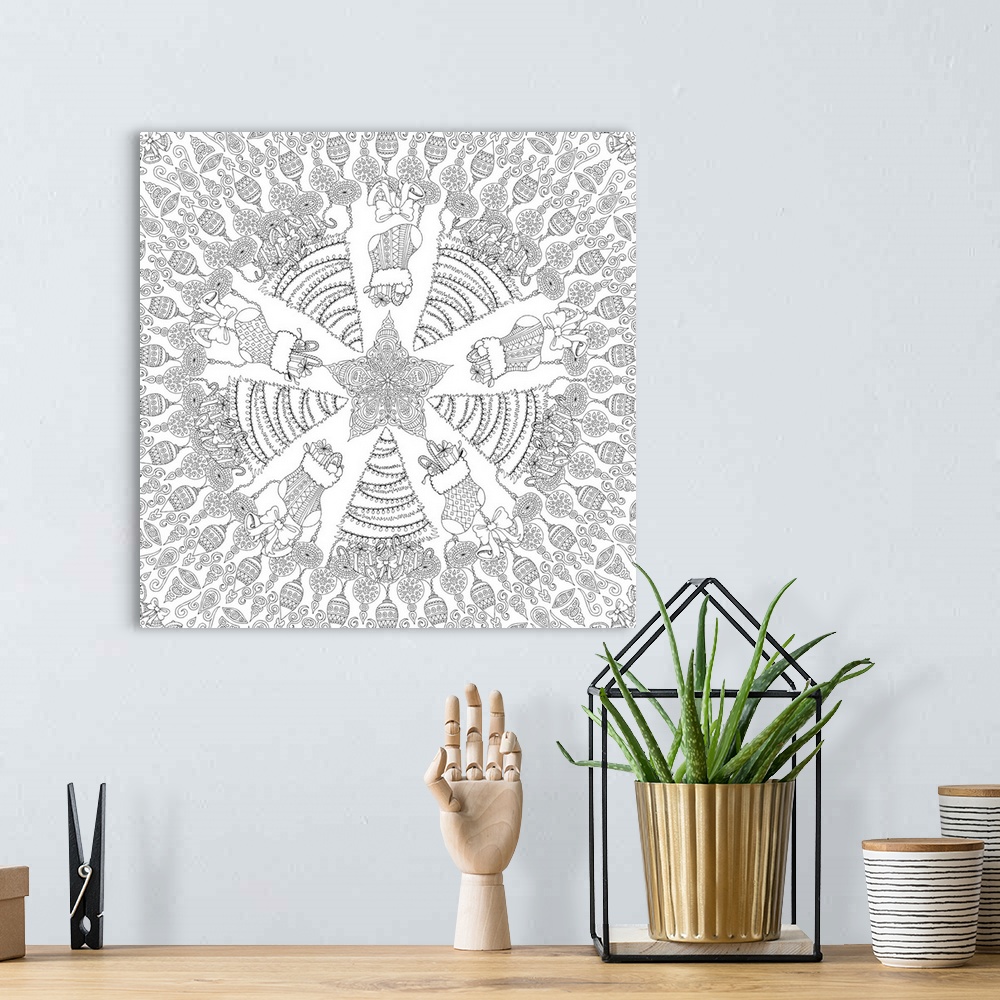A bohemian room featuring Black and white line art of a mandala made out of Christmas themed items such as Christmas trees,...