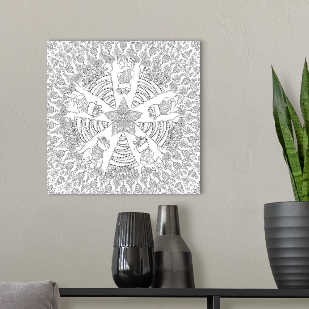 A modern room featuring Black and white line art of a mandala made out of Christmas themed items such as Christmas trees,...