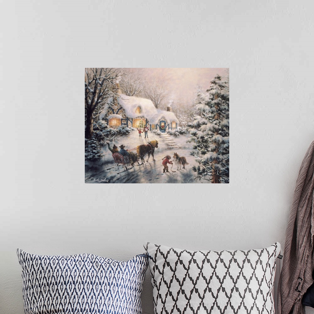 A bohemian room featuring Painting of a snow-covered cottage with a horse-drawn sleigh outside. Product is a painting repro...