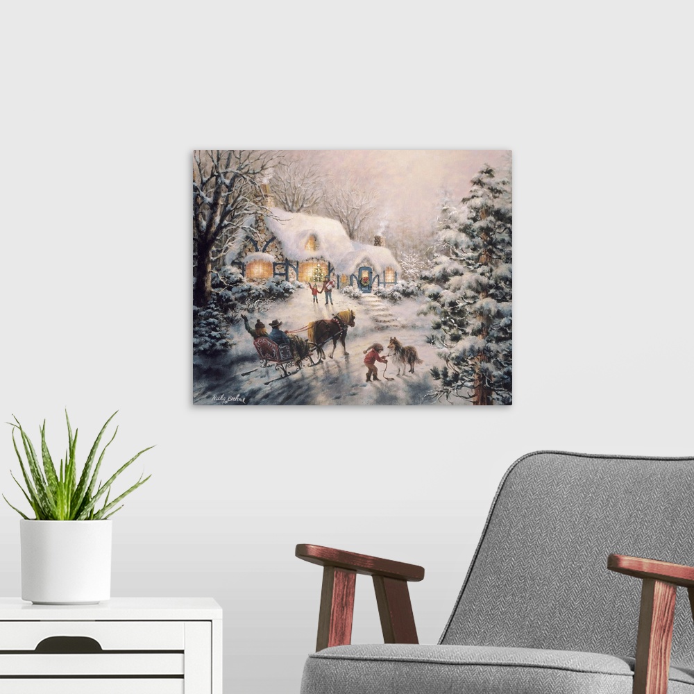 A modern room featuring Painting of a snow-covered cottage with a horse-drawn sleigh outside. Product is a painting repro...