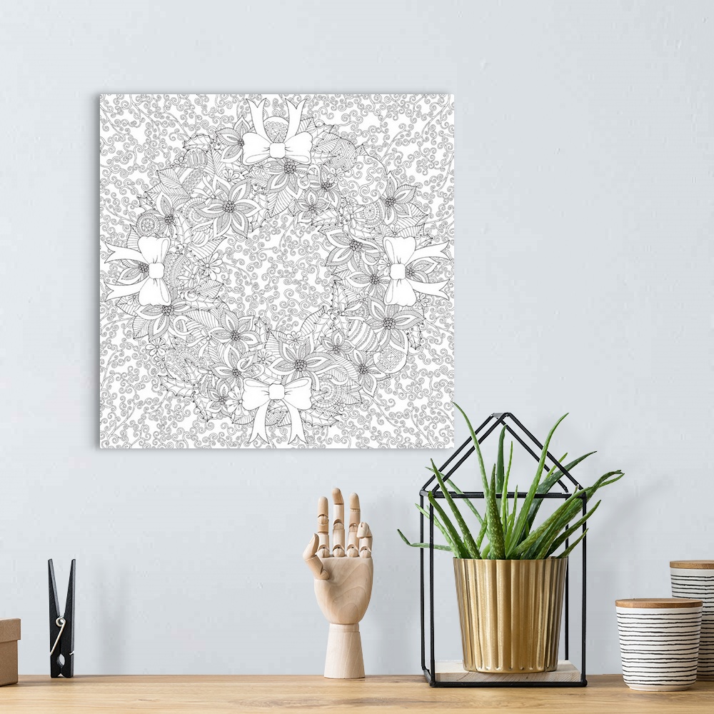 A bohemian room featuring Black and white line art of a mandala made out of Christmas wreaths, bows, and designs.