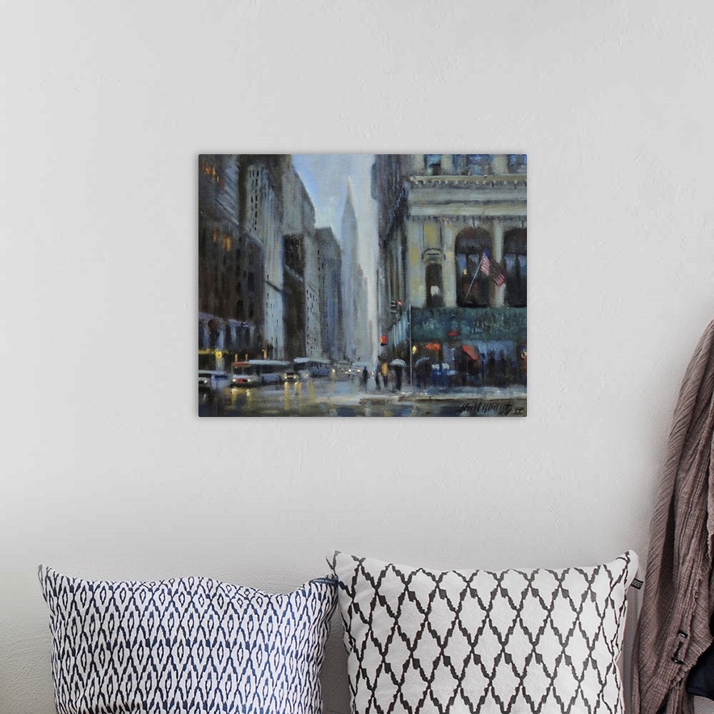 A bohemian room featuring Contemporary painting of a bustling Manhattan street, with the Chrysler building in the distance.