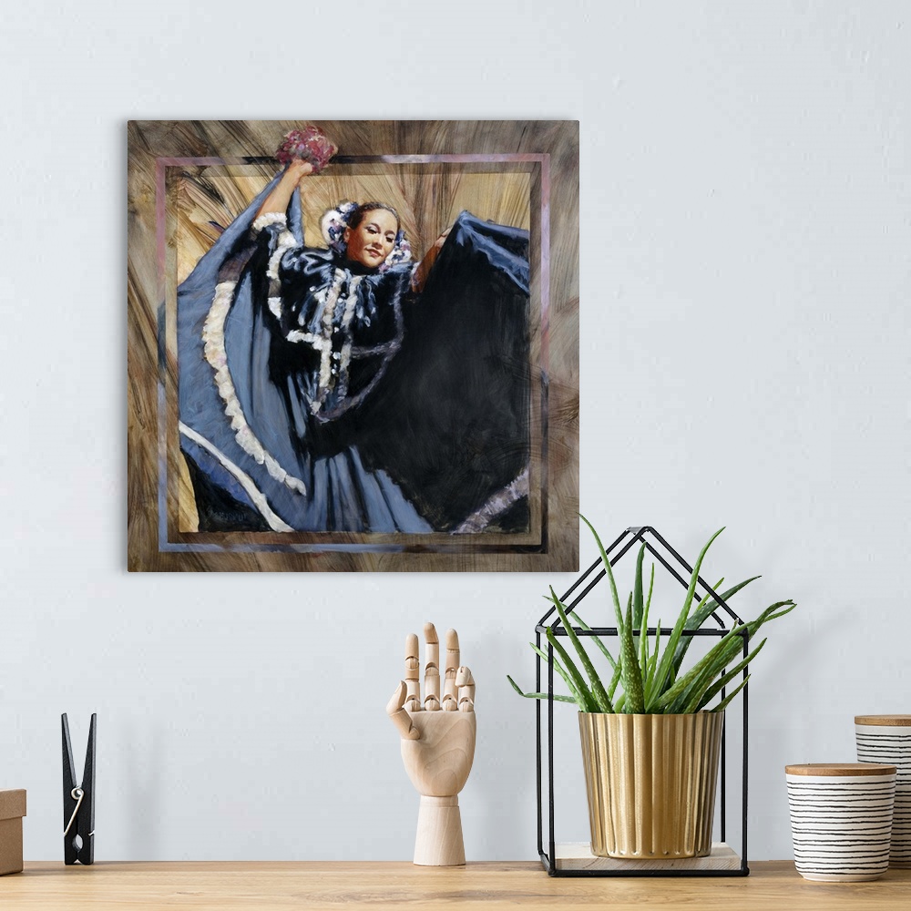 A bohemian room featuring Western themed contemporary painting of a Mexican woman in a blue dress dancing.
