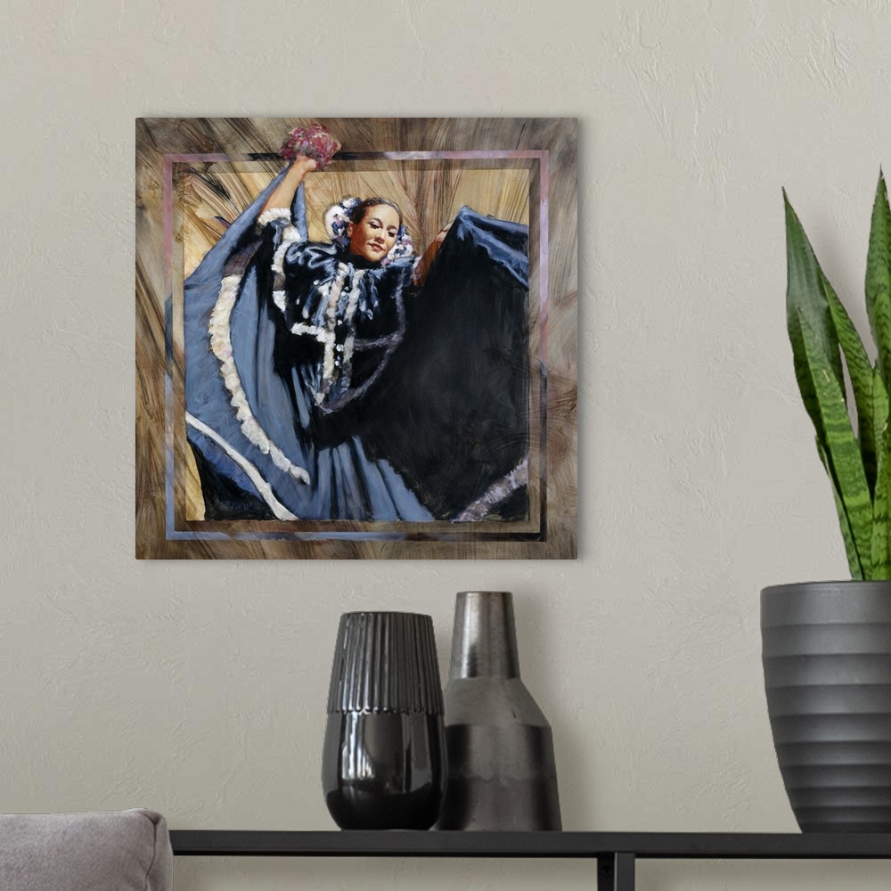 A modern room featuring Western themed contemporary painting of a Mexican woman in a blue dress dancing.