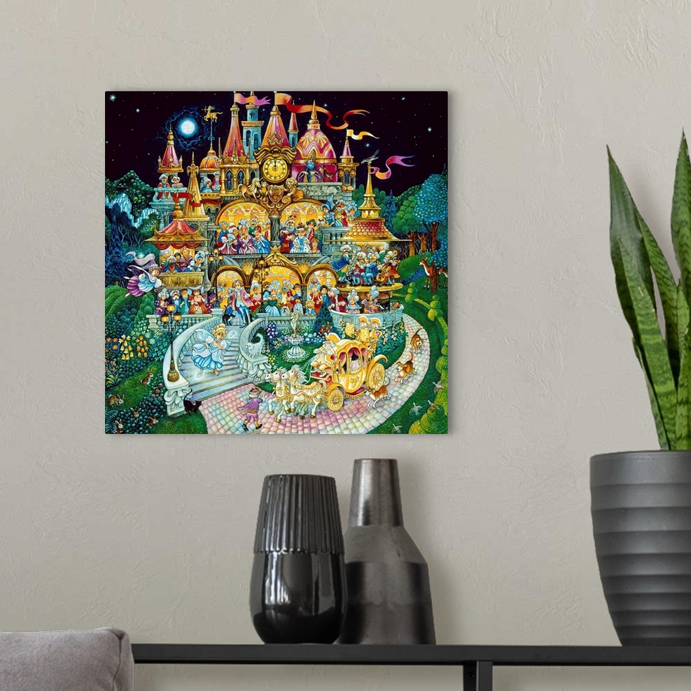 A modern room featuring Cinderella, the magical coach and castle.