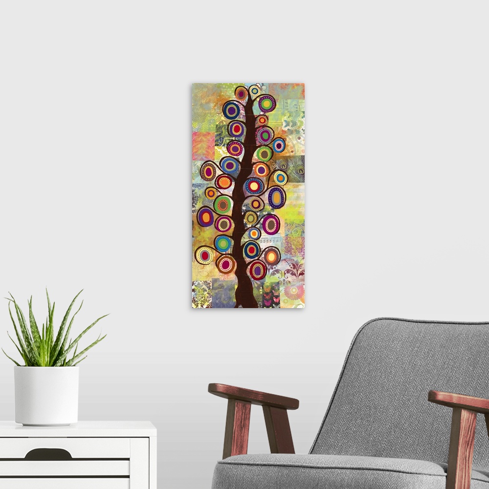 A modern room featuring Contemporary folk art painting of a tree with curled branches and round flowers on a patchwork-st...