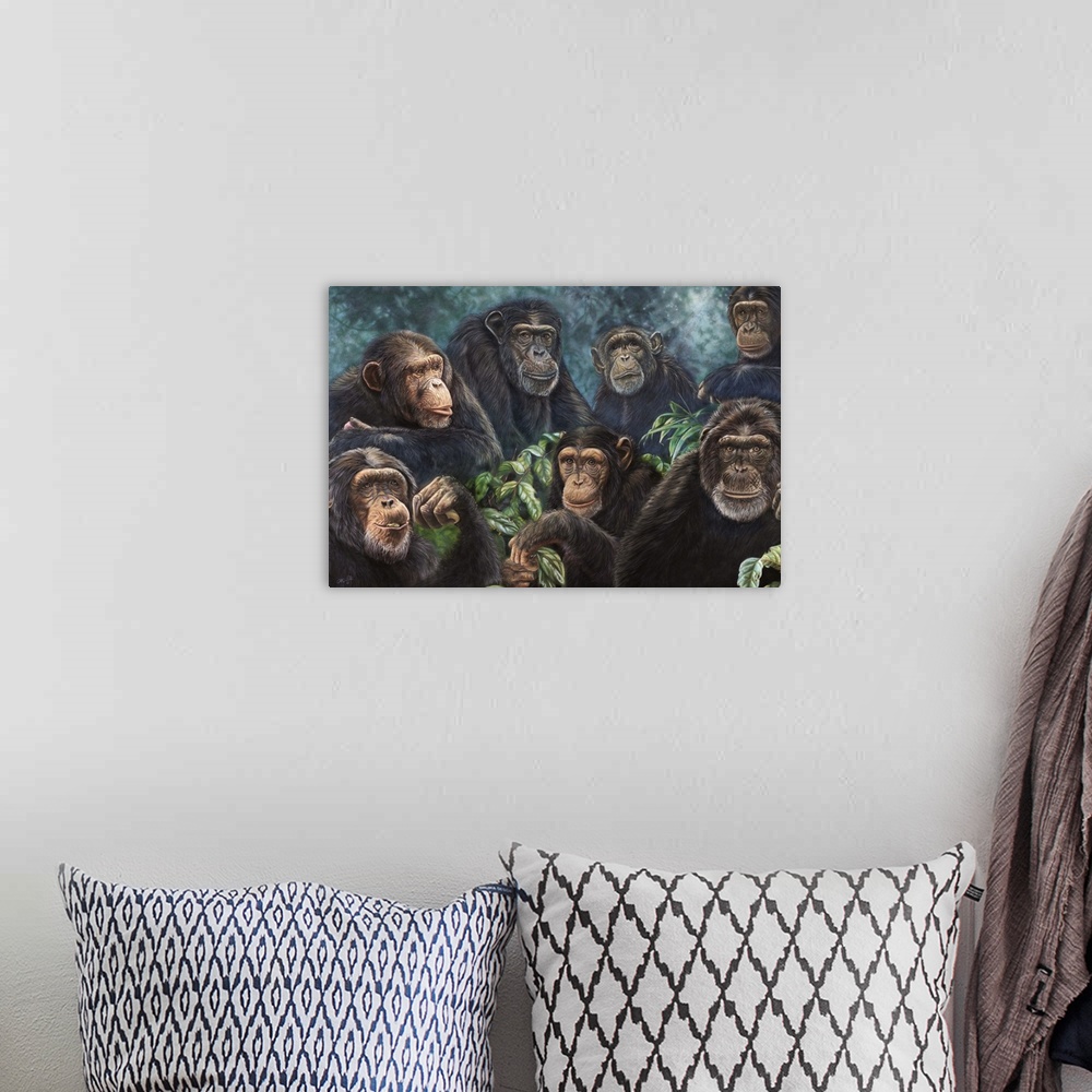 A bohemian room featuring collage of monkeys
