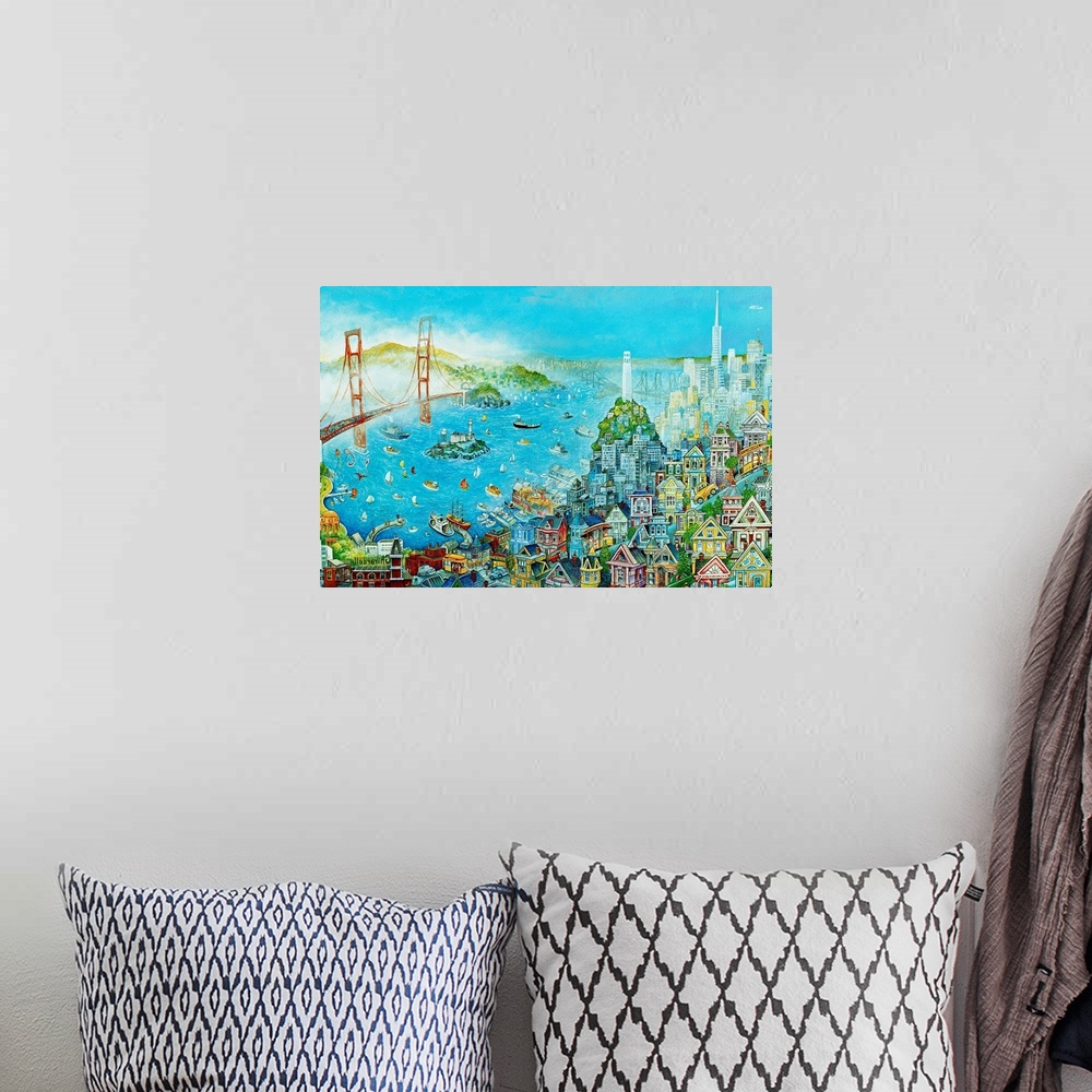 A bohemian room featuring San Francisco Bay scene with bridge and city portion.