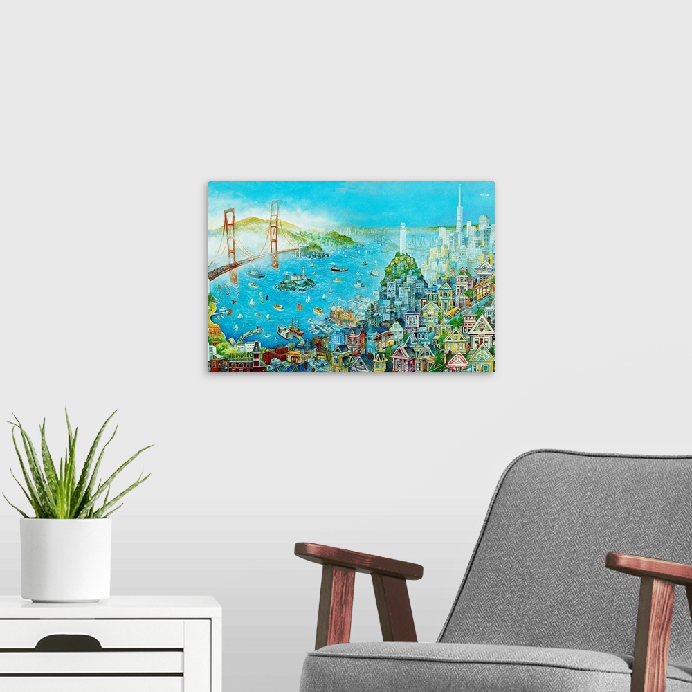 A modern room featuring San Francisco Bay scene with bridge and city portion.