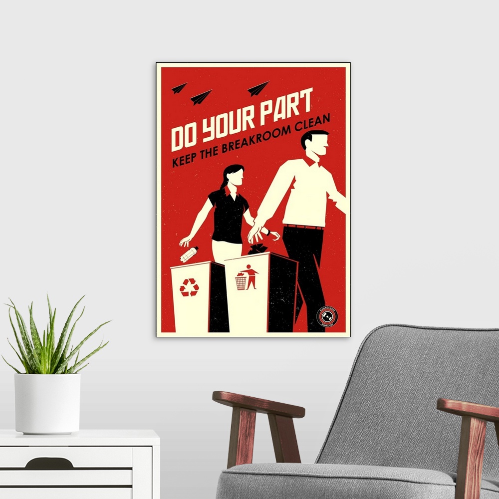A modern room featuring Minimalist retro workplace propaganda poster art.