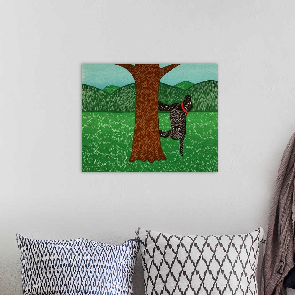 A bohemian room featuring Illustration of a black lab climbing up a tree (most likely chasing a squirrel or bird).