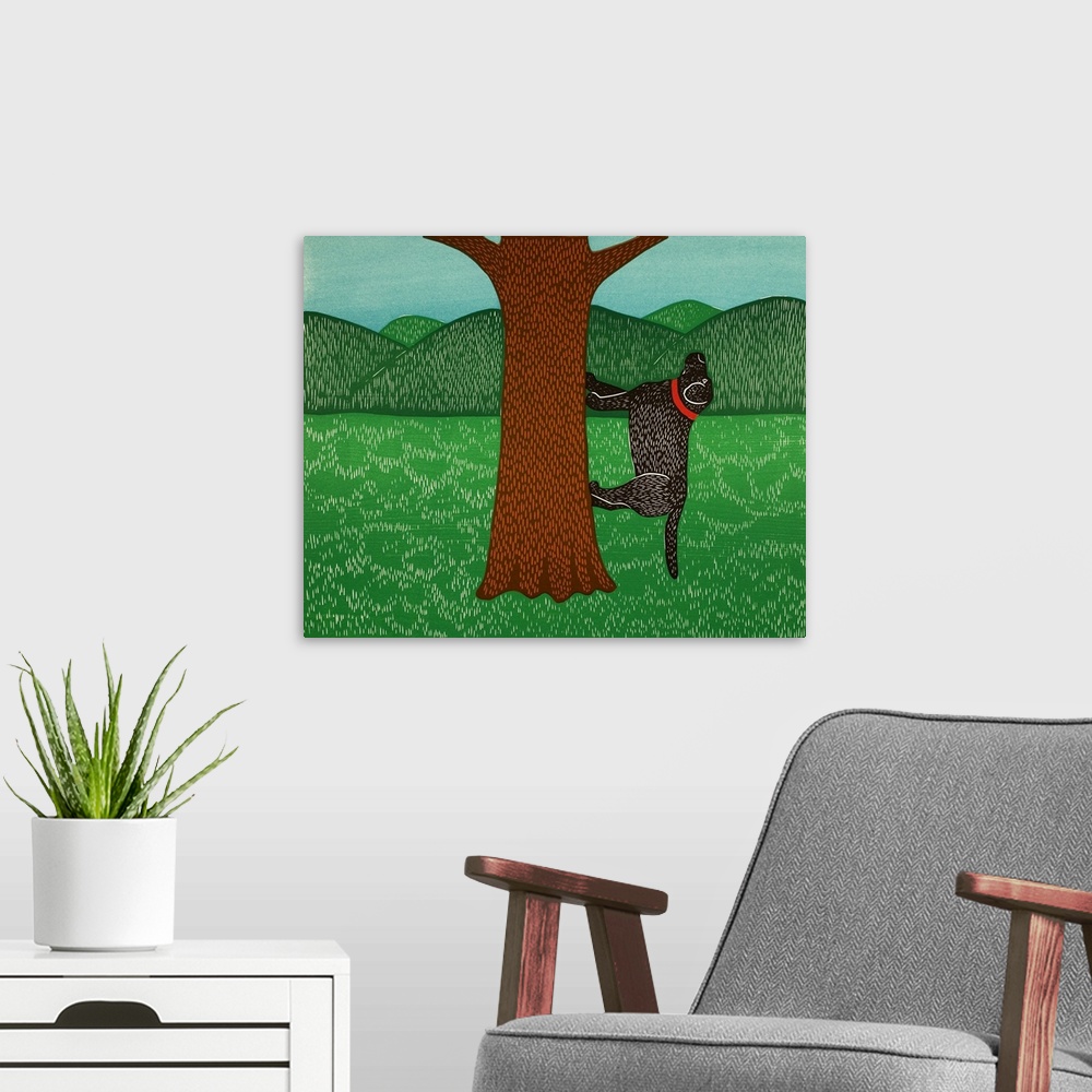 A modern room featuring Illustration of a black lab climbing up a tree (most likely chasing a squirrel or bird).