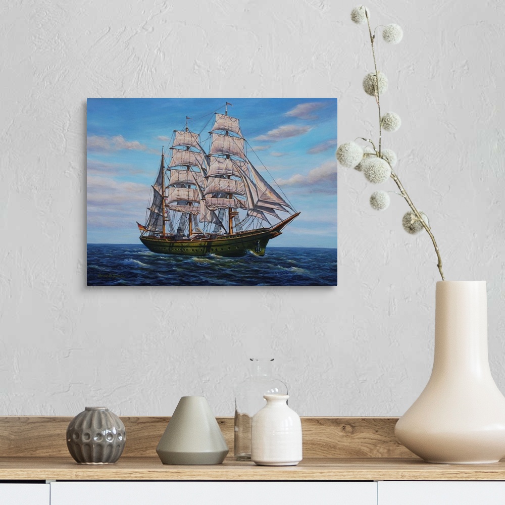 A farmhouse room featuring Contemporary artwork of a large ship with several sails on the ocean.