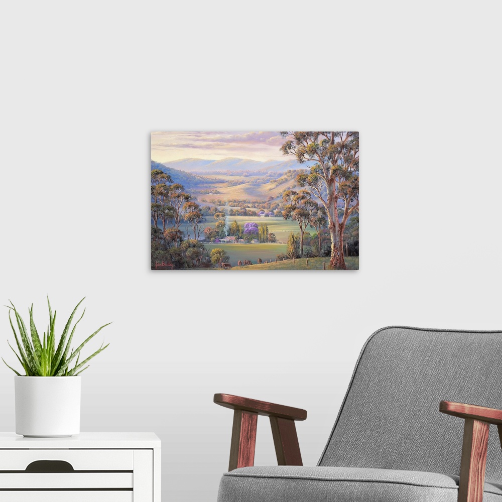 A modern room featuring Contemporary painting of an idyllic countryside valley scene at sunset.